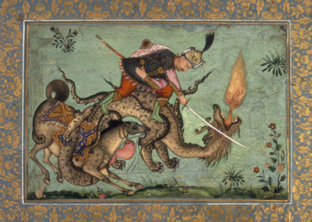 Rustam and his horse Rahksh fighting a dragon. 1640-1660. Rustam, legendary hero in Persian