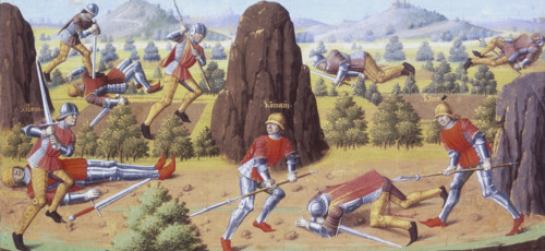 Soldiers fighting on a battlefield, 1475. Armies meeting, scene from Roman history. Detail of a