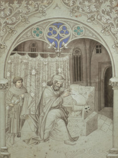 Sir John Mandeville writing an account of his voyage, c1410-c1420. He is writing on a roll of
