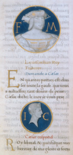 Francis I and Julius Caesar, 1519. Page of French text with two medallion portraits. King François