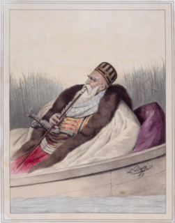 Ali Tebelen, Pacha de Janina, 1819. Ali Pasha (1741-1822) reclining in a boat smoking a pipe, and