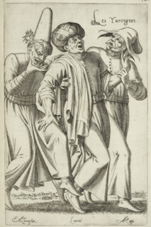 Les Yvrongnes (The Drunkards), 1568. Three men joking and singing, leaning on each other. The two