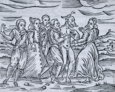 Dancing with the devil on the Sabbath, 1608. Men and women frolicking with the devil, who is
