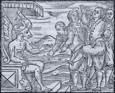 Sorcerers paying homage to the devil, 1608. The horned and winged devil sits on a throne receiving