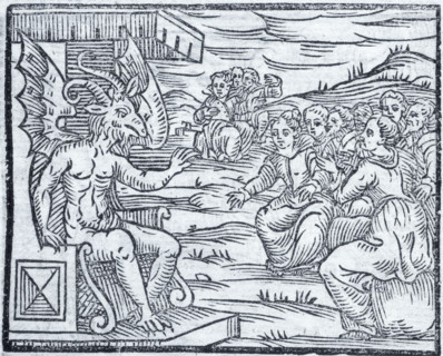 Satan pronounces a discourse to sorcerers, 1608. Women and men sit at the feet of an enthroned