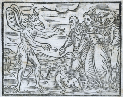 Sorcerers presenting a child to the devil, 1608. People lay the child at the feet of the devil as a