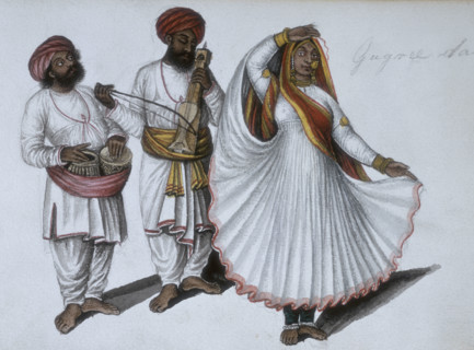 A dancing girl performing the 'Gugree' or 'gagri' dance with two musicians, 1856.