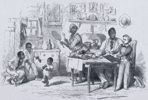 Mas'r George teaching Uncle Tom to write, 1852. George hands Tom a pencil and a book to practise