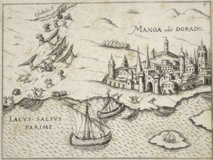 City of Manoa, 1599. 'Manoa o del Dorado'. An illustration of a walled city beside a lake, with