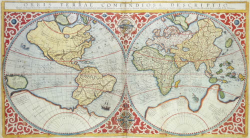 World Map, 1587. 'Orbis terrae compendiosa descriptio'. Divided into Western and Eastern