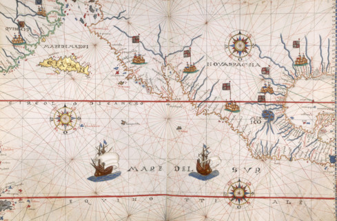 Map of Mexico, 1567. Mexico, conquered by the Spanish, is named as Nova Spagna, or New Spain.