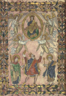 Edgar offers charter to Christ, 966. King Edgar, flanked by the Virgin and St Peter, offering the
