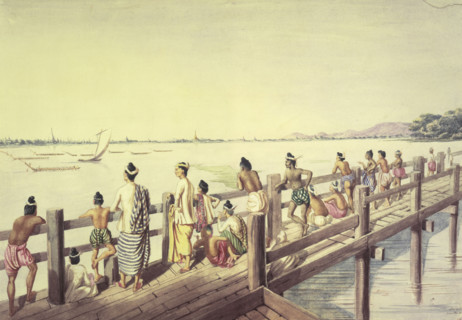 Amarapoora (Umeerapoora), from the long wooden Bridge, crossing the Lake Toung-ummah, 1855. From "A