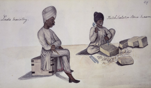 Carpenter and stone-mason, 1856. 'Luda maistry, Kutch Seelat, or Stone Mason'. Carpenter seated on