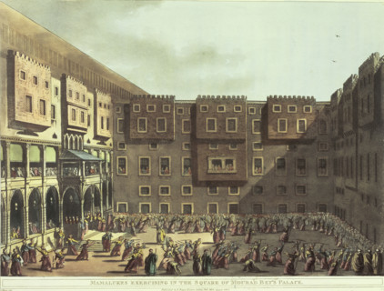 Mamalukes exercising in the Square of Mourad Bey's Palace, Egypt, 1801. Soldiers training in Grand