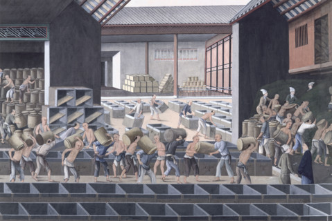 A tea warehouse in Canton, China, 1790. Note European at bottom right.