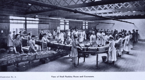 Shell packing room and conveyors, Leeds, 1919. From "The story of Barnbow" by R.H. Gummer, Chief