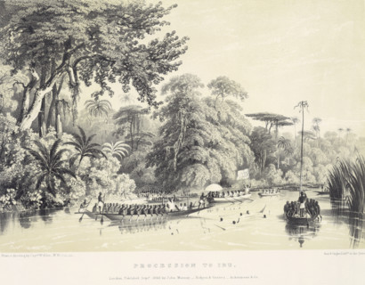 Procession to Ibu, 1840. West African expedition. A canoe appears to have sunk - men are seen in