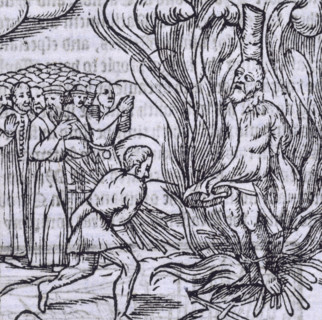 The burning of George Wishart, 1546 (1577). Scottish religious reformer Wishart (1513-1546) is
