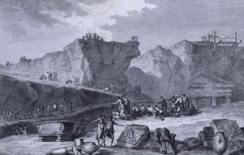 Excavation work at Herculaneum, Italy, 1781. Archaeological dig at the buried Roman city. From