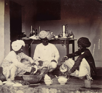 Three Indian domestic servants at work, 1870s. Washing up and making tea.