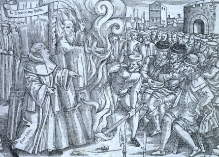 The burning of Thomas Cranmer, Archbishop of Canterbury, 1556, (1563). As he is burned alive,