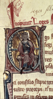 King Alfred the Great enthroned, 14th century. Portrait of Alfred within an illuminated Initial 'E'