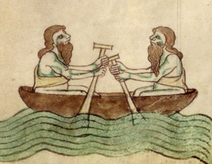 The men of Connaught in a coracle, after c1170. Two bearded Irishmen rowing a round skin boat. From