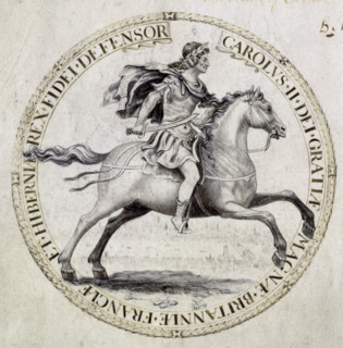 Royal seal of Charles II, 1662. Design for a great seal for the king, who is shown in a heroic pose