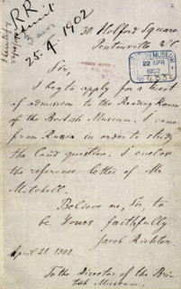 Lenin's letter applying for a ticket to the British Museum's Reading Room, 21 April 1902. '30