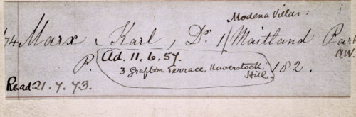 Record of Karl Marx's ticket for the reading room of the British Museum, 1857. Much of Marx's