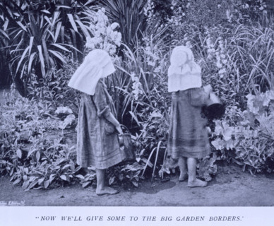 Now we'll give some to the big garden borders, 1908. Two girls watering plants. Gertrude Jekyll was