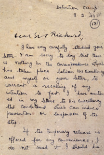 Opening page of a letter from Gandhi to Sir Richard Tottenham, 1943. 'Detention Camp, 8.2.'43. Dear