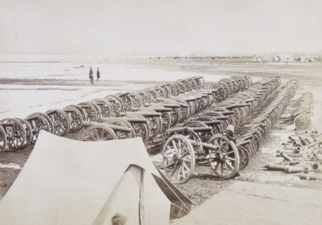 Captured guns, Kabul, Afghanistan, c1879. Cannons lined up in neat rows. A British soldier leans