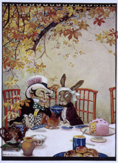 The March Hare and the Mad Hatter having tea, Alice's Adventures in Wonderland, 1922.