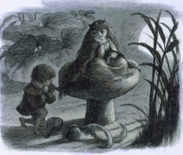 'Water lilies and water fairies of the period', c1869-c1870. A fairy sitting on a toadstool is