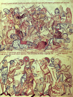 Knights and foot soldiers engaged in battle, c1320-1330. Above; the peers fight each other on