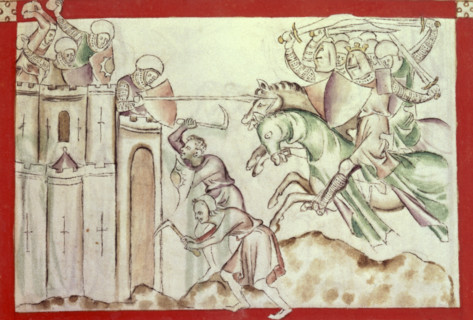 King David besieging Jerusalem, 1310-1320. David and his soldiers gallop towards the castle, while
