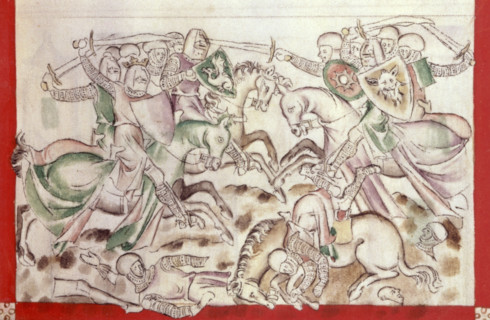 King David's army fights the Philistines, 1310-1320. David, wearing the crown, is on the left.