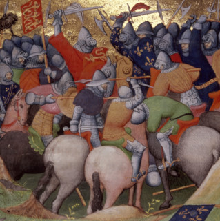 Battle of Crécy, between the English and the French, in 1346, (1415). The knights hold swords above