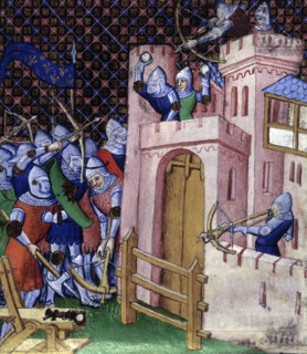 Siege scene, c1415. Bows and arrows and crossbows are used by both sides. The defenders throw rocks