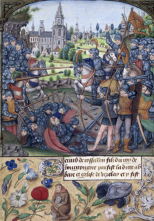 Battle between two armies, 1485-1490. Miniature of a battle. In the centre lie the dead and