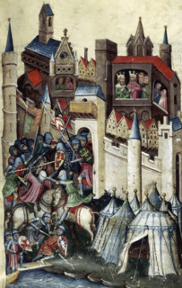 Encampment of the Greeks, and battle outside Troy, 15th century. Royals and their courtiers look on