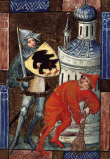 Soldier with sword, and man with broom, c1405. The knight's shield is emblazoned with crows. The
