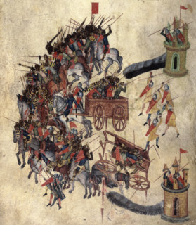 Sulla's defences against scythe-bearing chariots, late 14th century. From a work on military