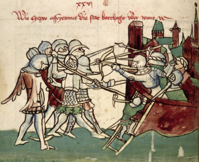 Army attacking a besieged town, 15th century. The crossbow was highly effective against heavily