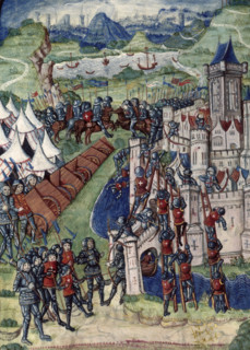 Army besieging a walled city, c1487. The siege of Saint Jacques in Normandy? A row of cannons