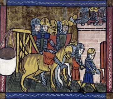 Soldiers with a trebuchet, mid-14th century. A trebuchet was a sort of catapult which was used to