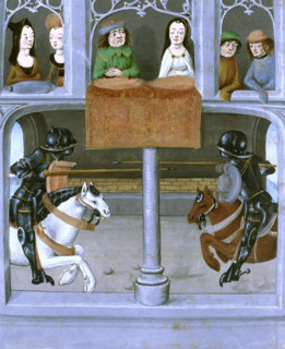 A joust between two knights, late 15th century. Joust of John de Holand and Regnault de Roye. The