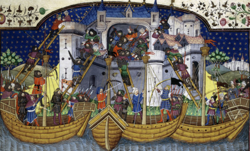 The storming of Corunna by Broadas, c1445. Ships besieging a sea port on the north coast of Spain.